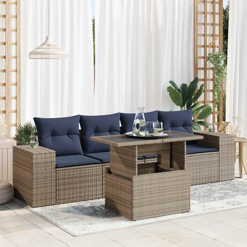 5 Piece Garden Sofa Set with Cushions Grey Poly Rattan Acacia