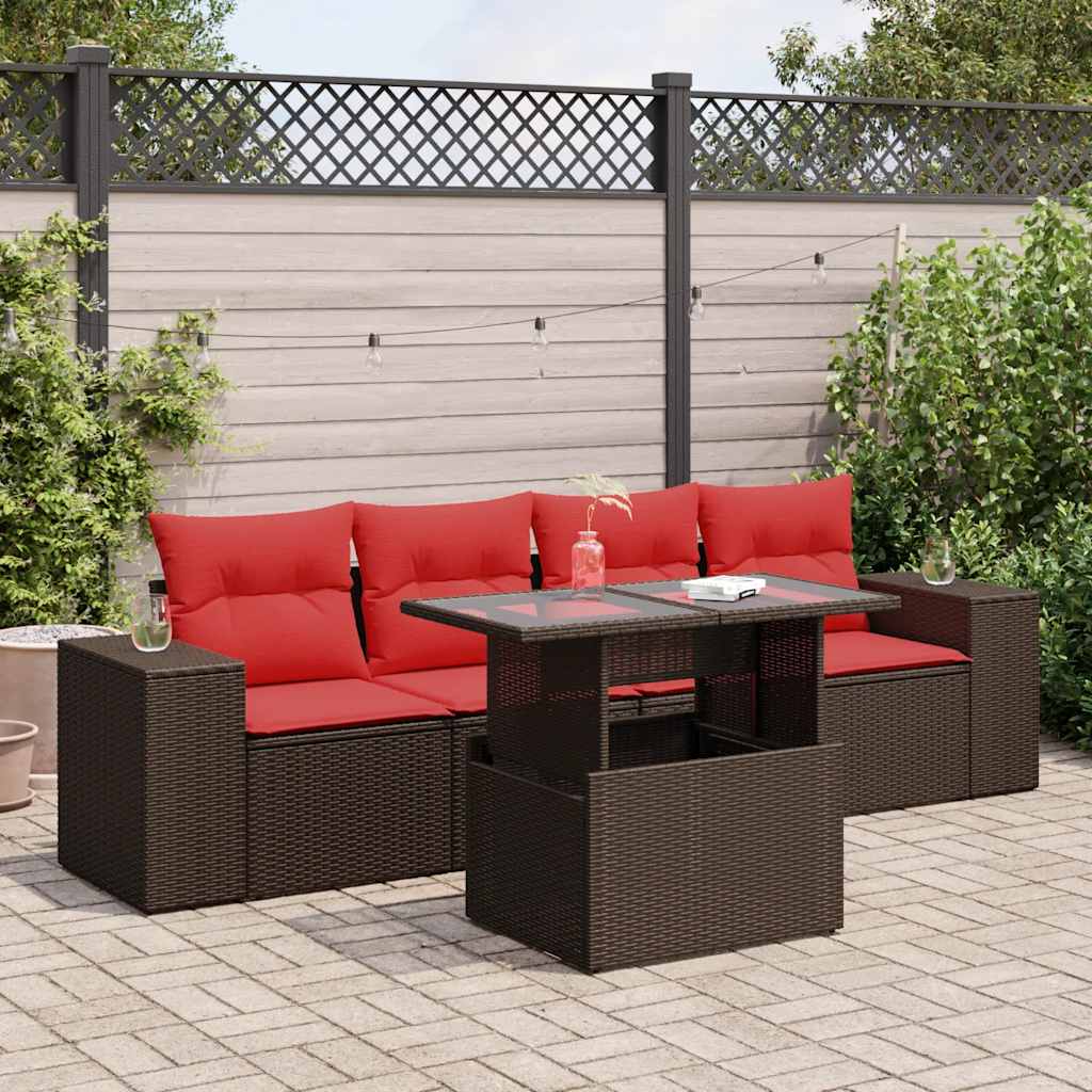 5 Piece Garden Sofa Set with Cushions Brown Poly Rattan Acacia