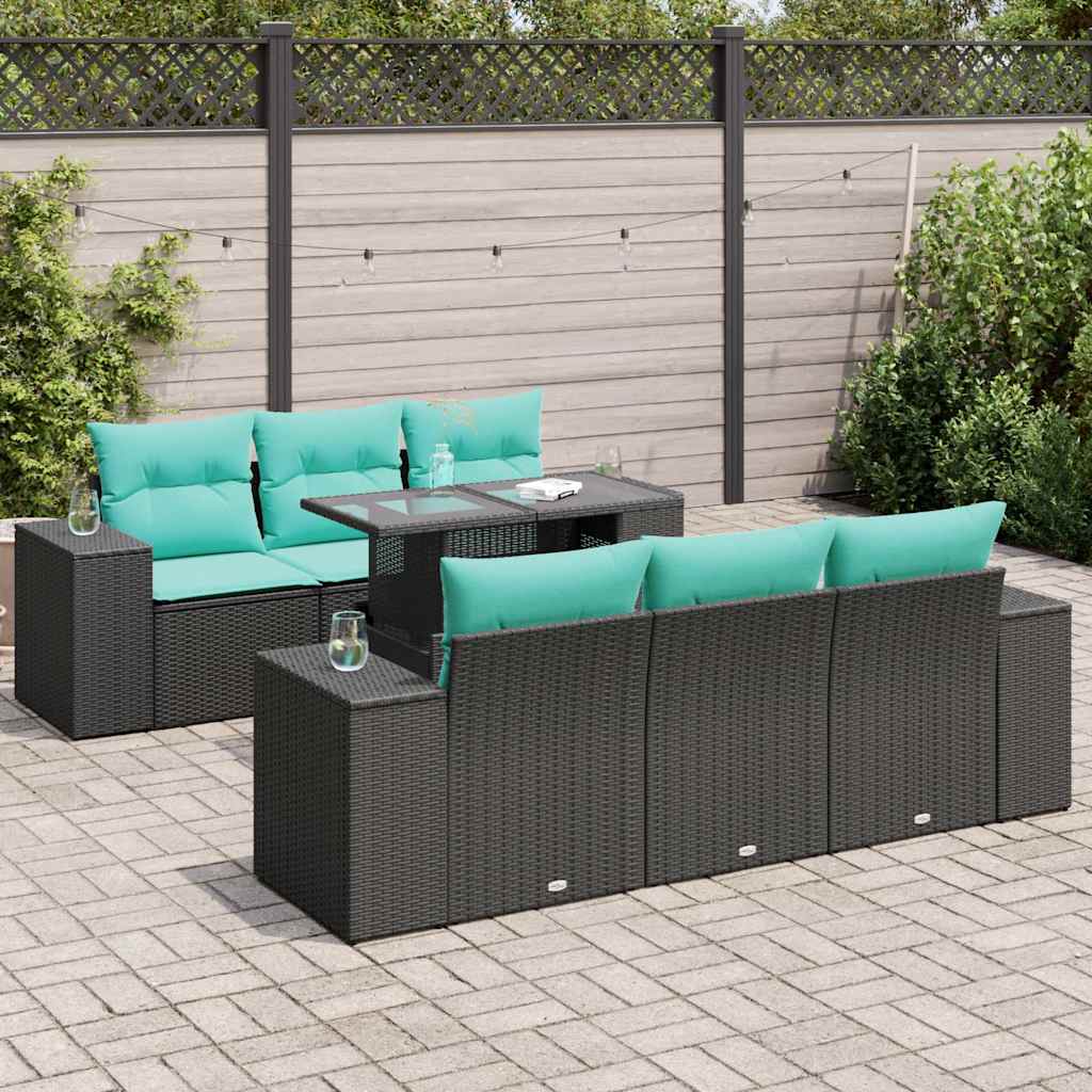 7 Piece Garden Sofa Set with Cushions Black Poly Rattan Acacia