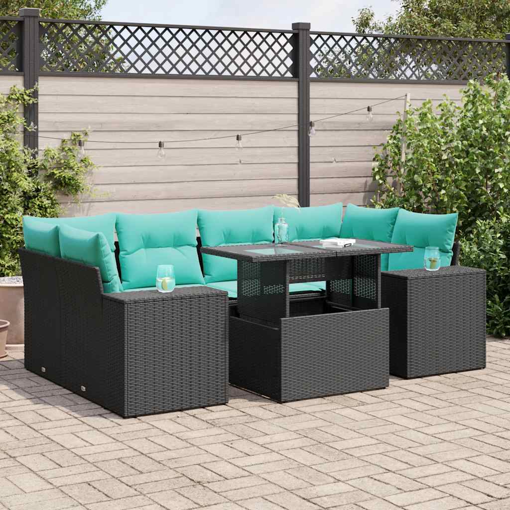 7 Piece Garden Sofa Set with Cushions Black Poly Rattan Acacia