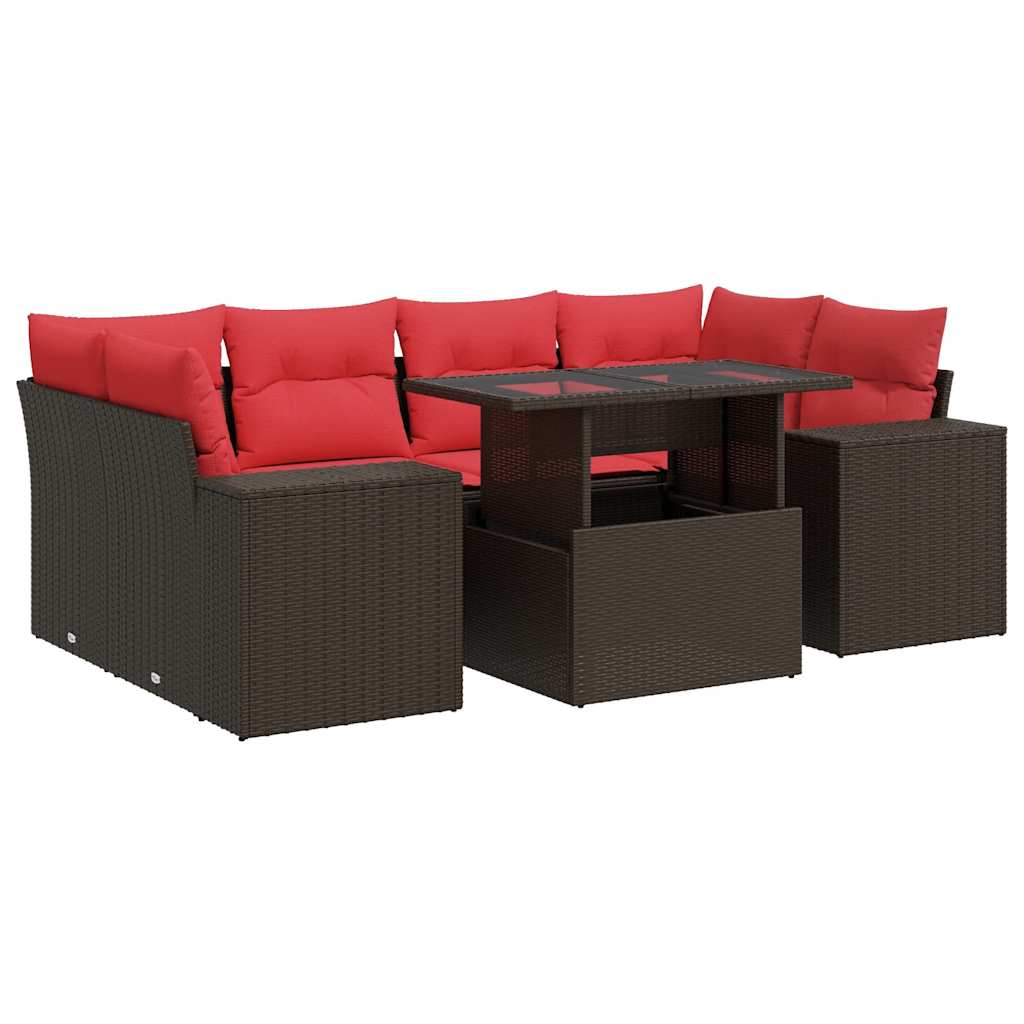 7 Piece Garden Sofa Set with Cushions Brown Poly Rattan