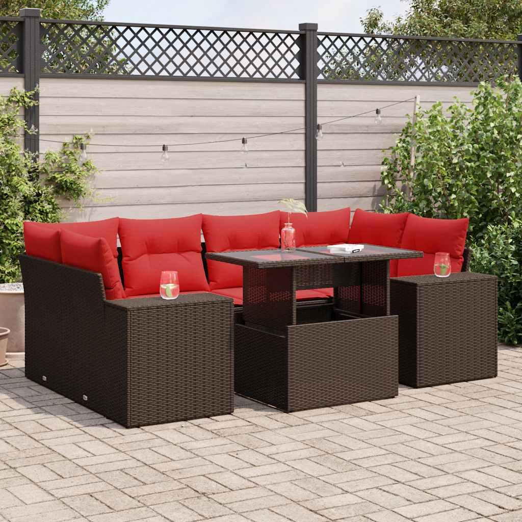 7 Piece Garden Sofa Set with Cushions Brown Poly Rattan