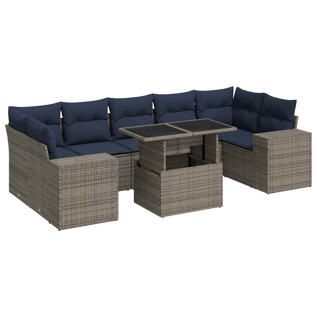 8 Piece Garden Sofa Set with Cushions Grey Poly Rattan Acacia