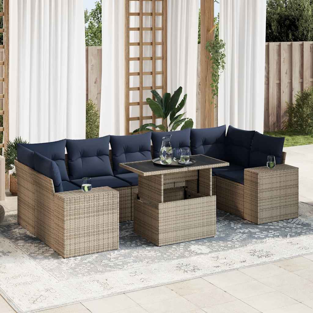 8 Piece Garden Sofa Set with Cushions Grey Poly Rattan Acacia