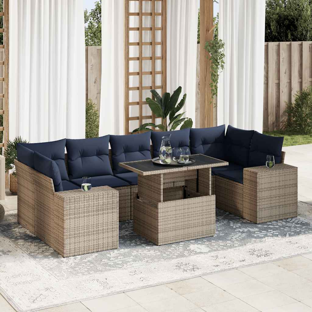 8 Piece Garden Sofa Set with Cushions Grey Poly Rattan Acacia