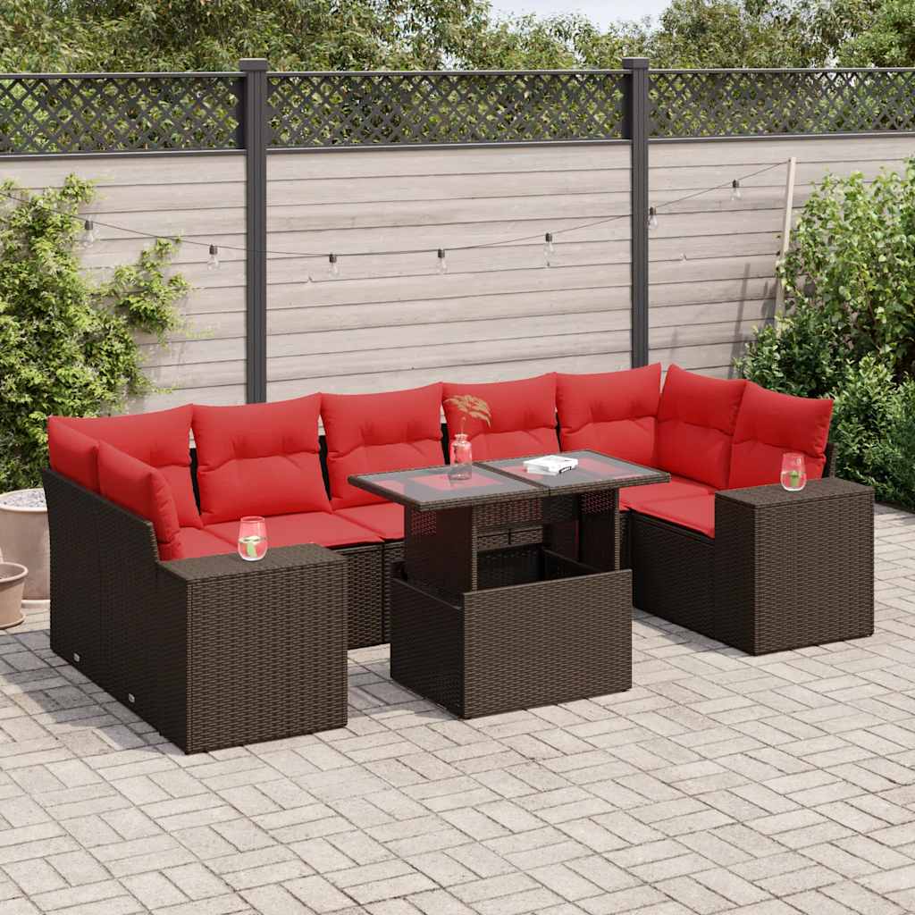 8 Piece Garden Sofa Set with Cushions Brown Poly Rattan Acacia