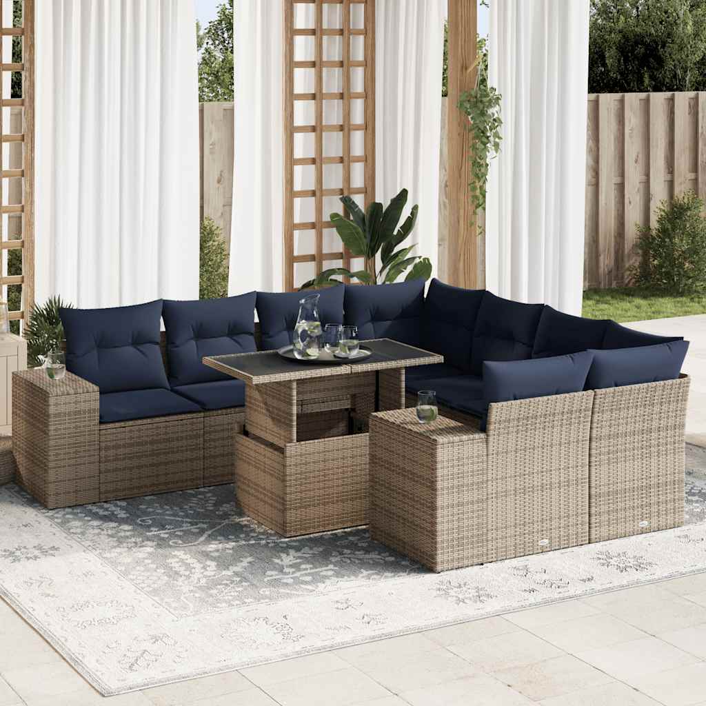 9 Piece Garden Sofa Set with Cushions Grey Poly Rattan Acacia