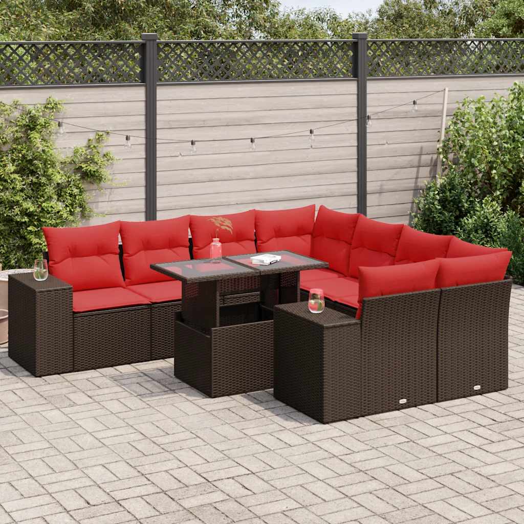9 Piece Garden Sofa Set with Cushions Brown Poly Rattan Acacia