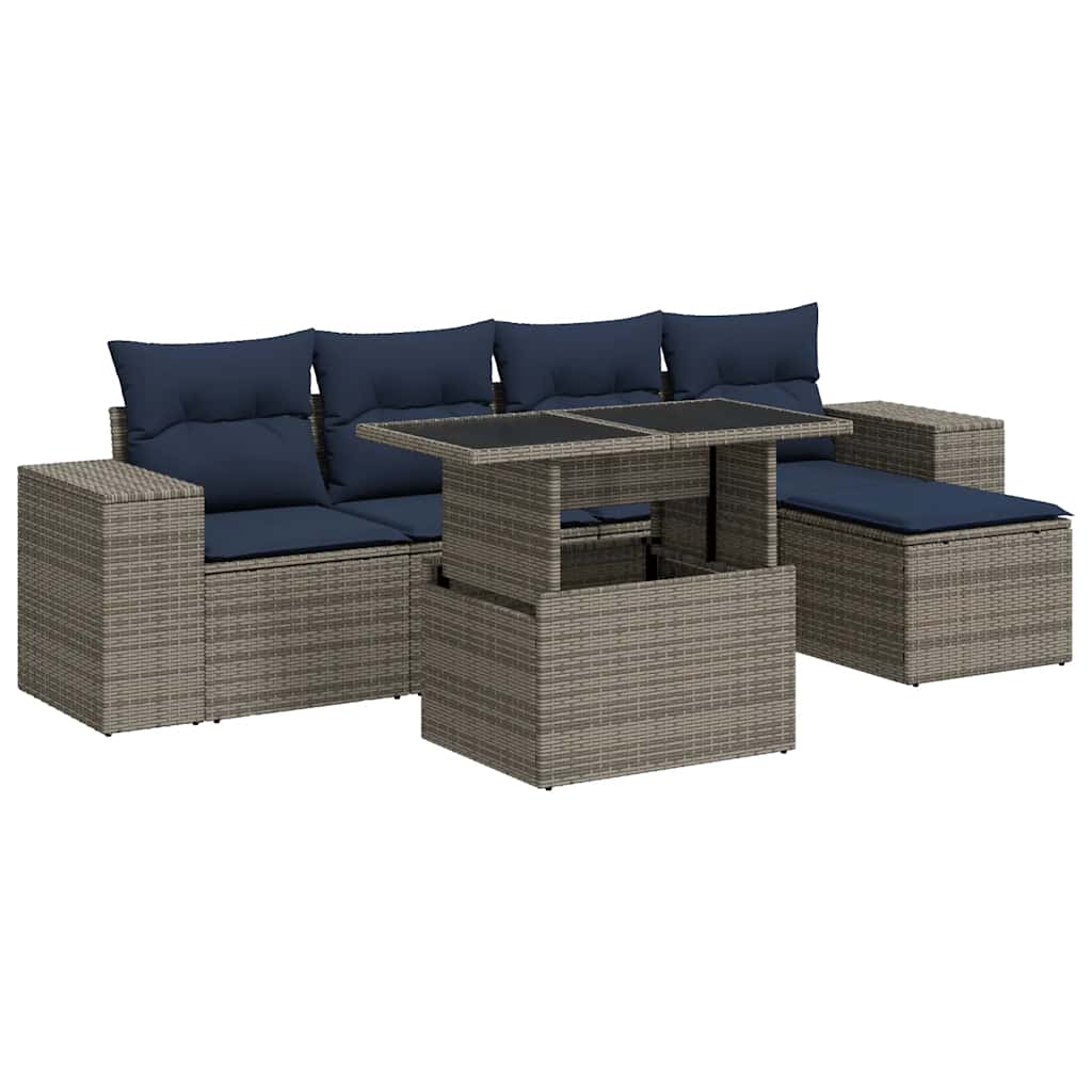6 Piece Garden Sofa Set with Cushions Grey Poly Rattan Acacia
