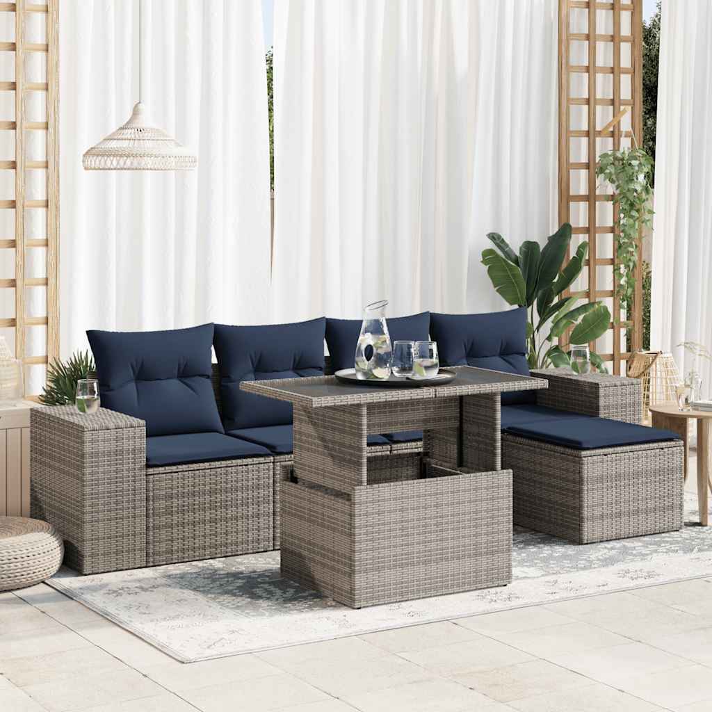 6 Piece Garden Sofa Set with Cushions Grey Poly Rattan Acacia