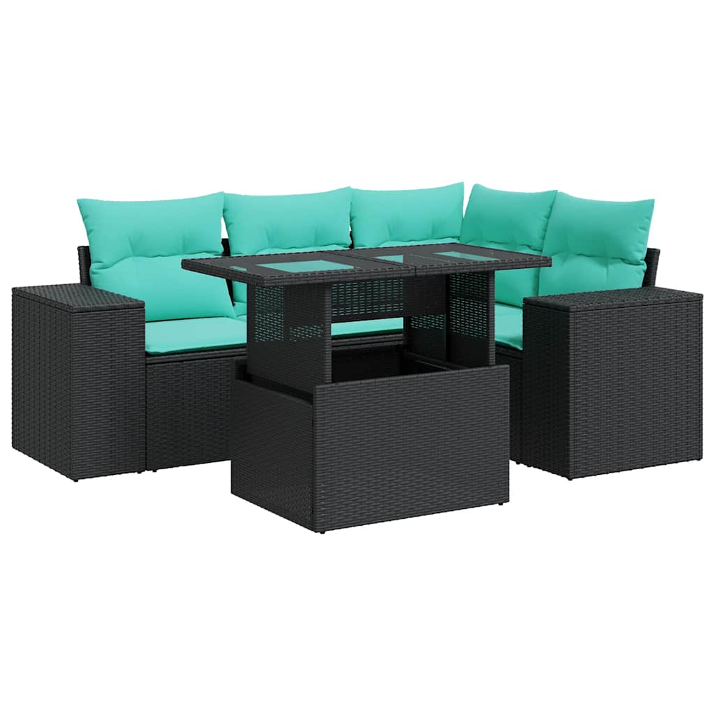 5 Piece Garden Sofa Set with Cushions Black Poly Rattan Acacia