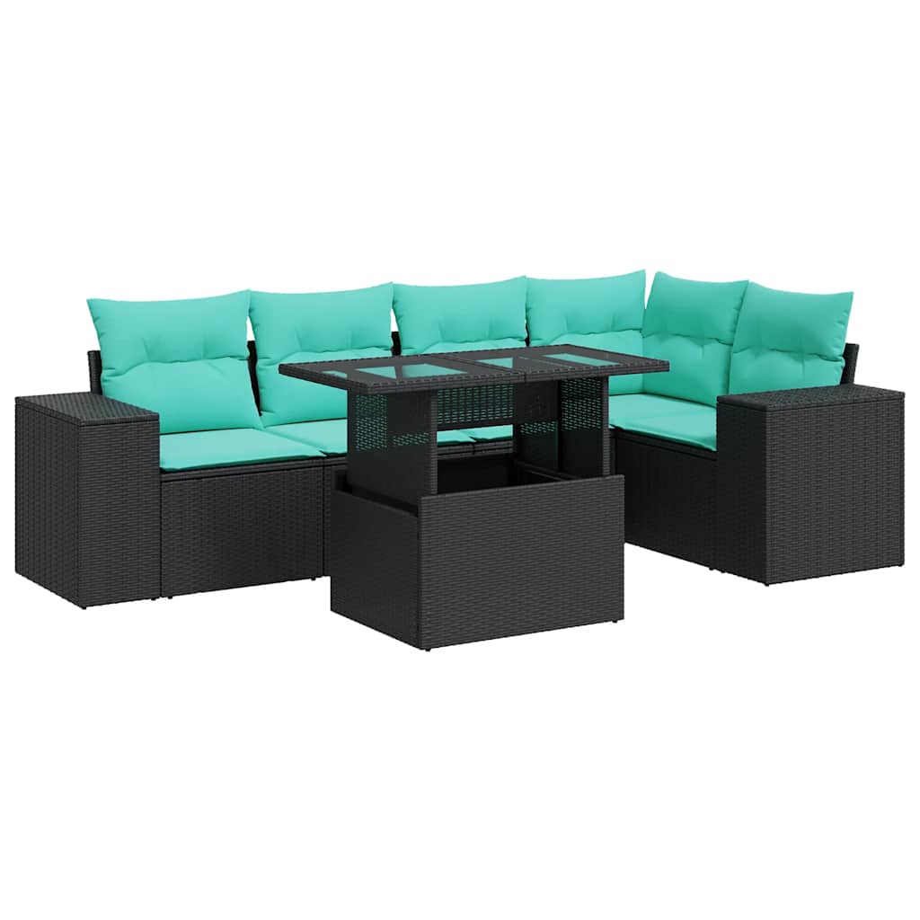 6 Piece Garden Sofa Set with Cushions Black Poly Rattan Acacia