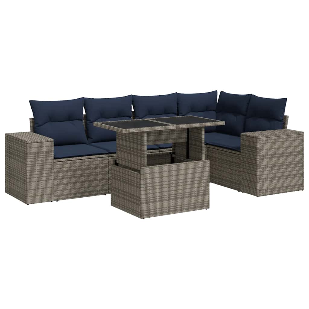 6 Piece Garden Sofa Set with Cushions Black Poly Rattan Acacia