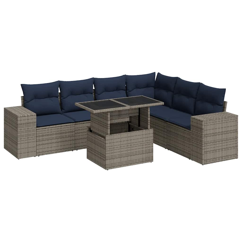 7 Piece Garden Sofa Set with Cushions Grey Poly Rattan Acacia