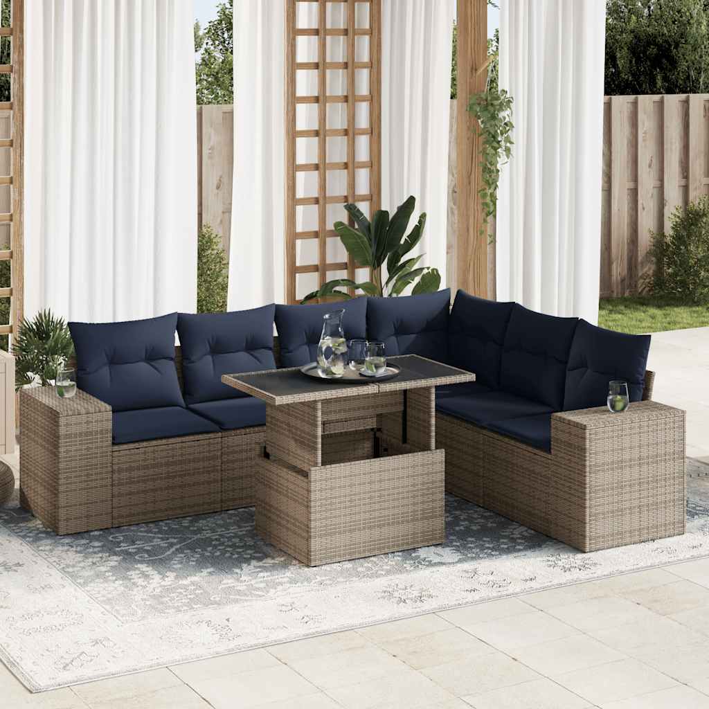 7 Piece Garden Sofa Set with Cushions Grey Poly Rattan Acacia