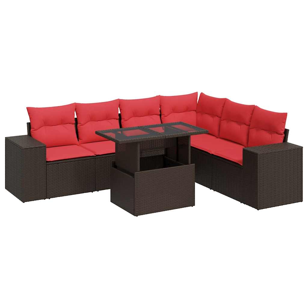 7 Piece Garden Sofa Set with Cushions Brown Poly Rattan Acacia