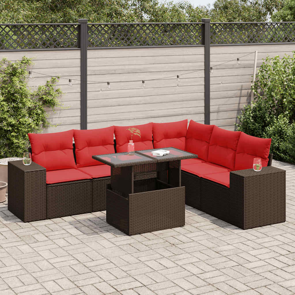 7 Piece Garden Sofa Set with Cushions Brown Poly Rattan Acacia