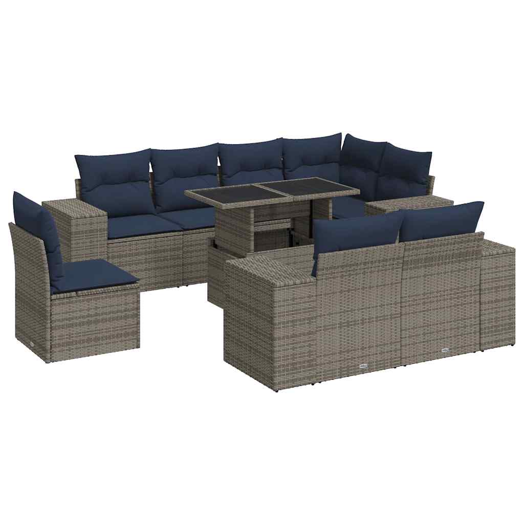 9 Piece Garden Sofa Set with Cushions Grey Poly Rattan Acacia