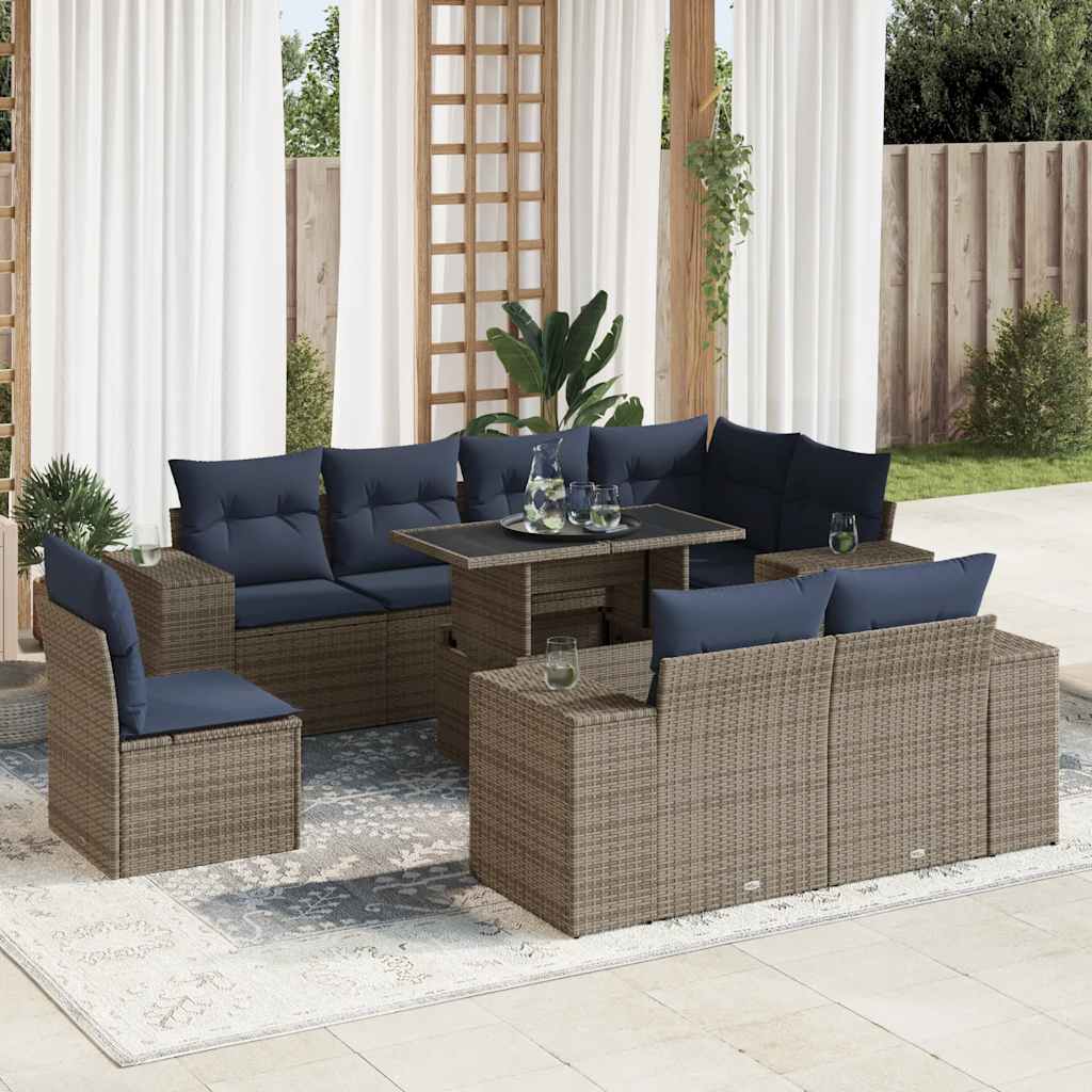 9 Piece Garden Sofa Set with Cushions Grey Poly Rattan Acacia