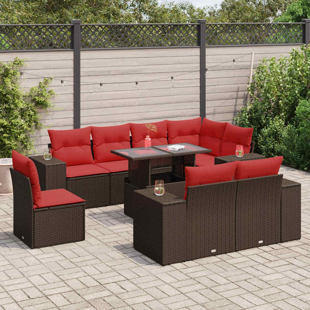 9 Piece Garden Sofa Set with Cushions Brown Poly Rattan Acacia