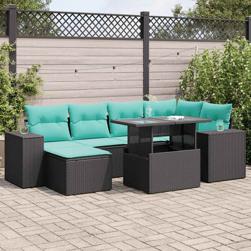 9 Piece Garden Sofa Set with Cushions Black Poly Rattan Acacia