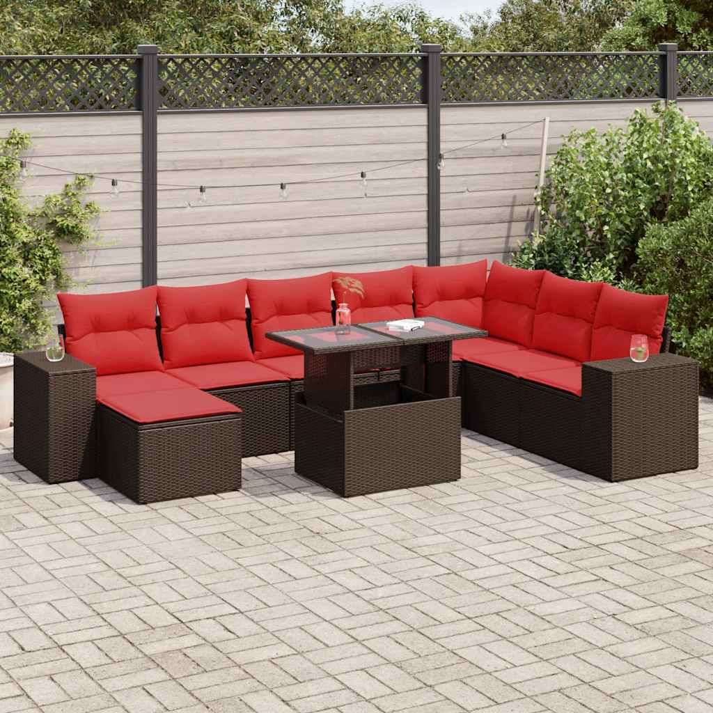 8 Piece Garden Sofa Set with Cushions Brown Poly Rattan Acacia