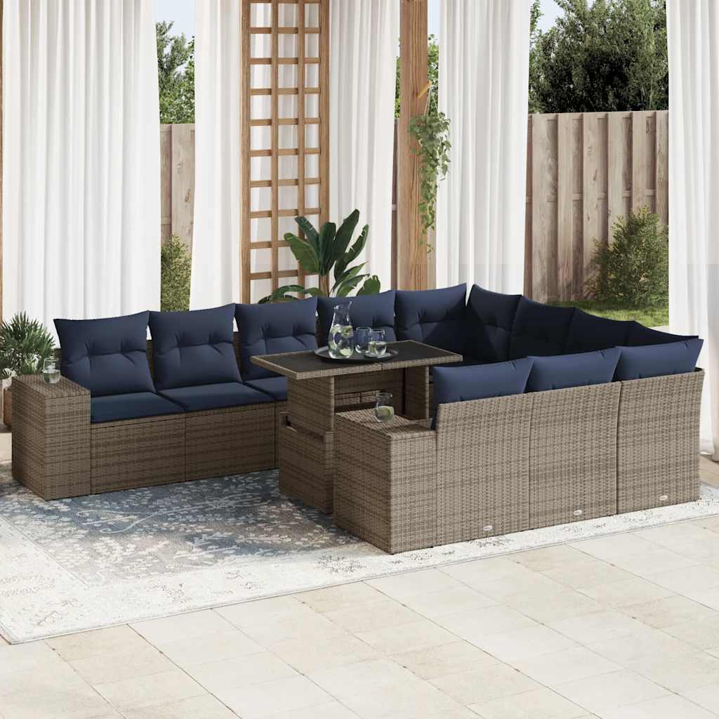 15 Piece Garden Sofa Set with Cushions Grey Poly Rattan Acacia
