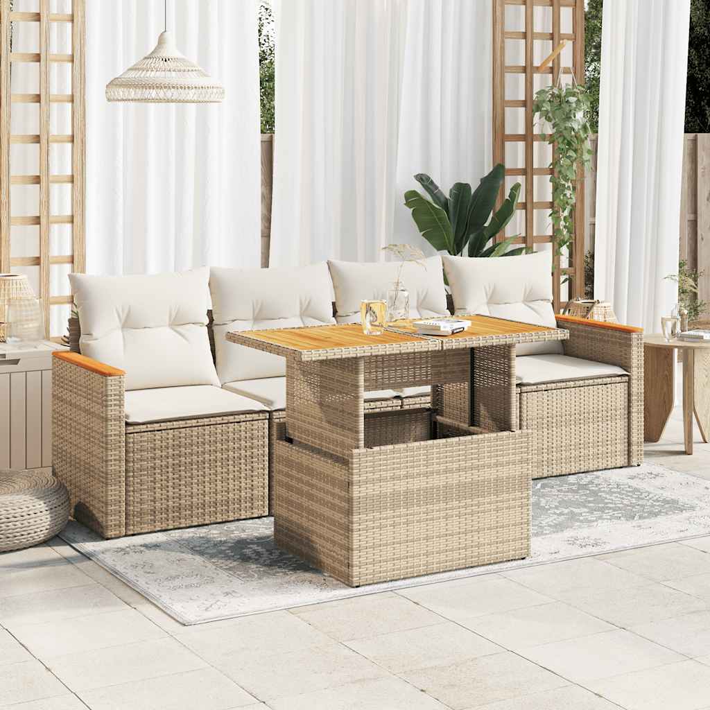 5 Piece Garden Sofa Set with Cushions Beige Poly Rattan Acacia