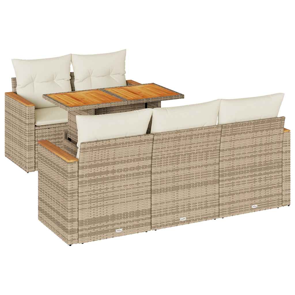 6 Piece Garden Sofa Set with Cushions Beige Poly Rattan Acacia