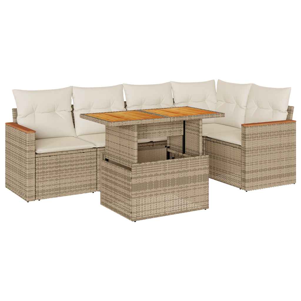 5 Piece Garden Sofa Set with Cushions Beige Poly Rattan Acacia