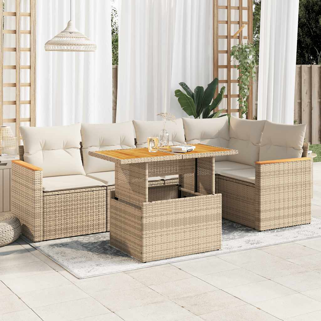 5 Piece Garden Sofa Set with Cushions Beige Poly Rattan Acacia