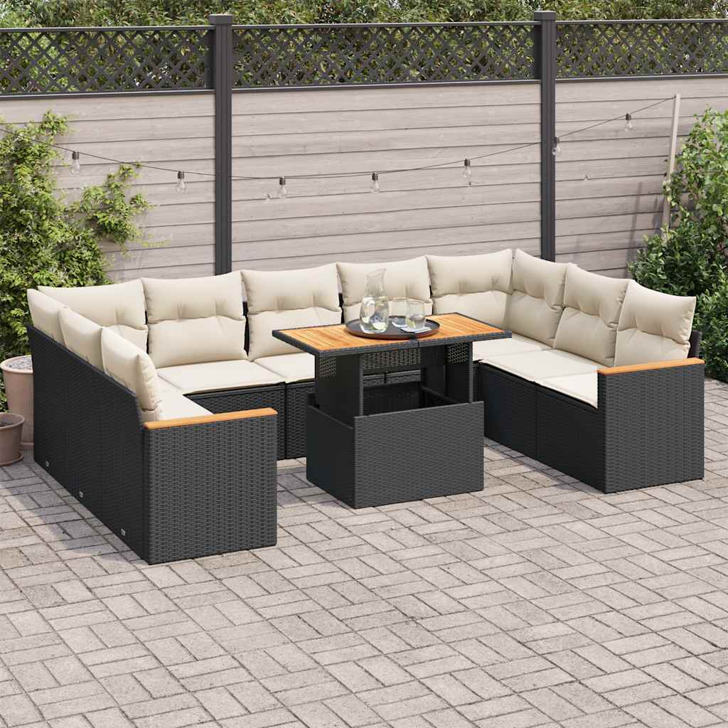 10 Piece Garden Sofa Set with Cushions Black Poly Rattan Acacia