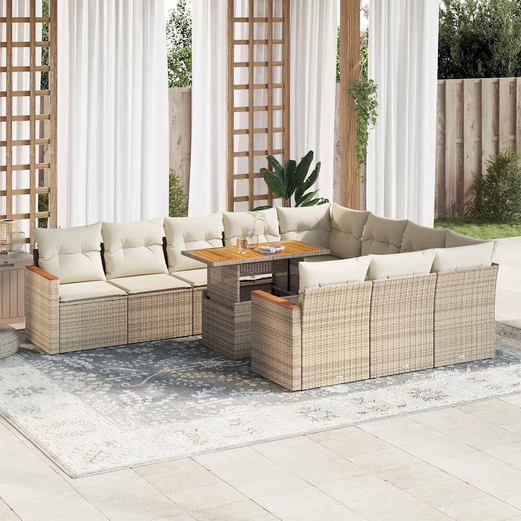 11 Piece Garden Sofa Set with Cushions Beige Poly Rattan Acacia