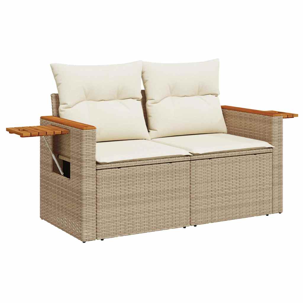 5 Piece Garden Sofa Set with Cushions Beige Poly Rattan Acacia