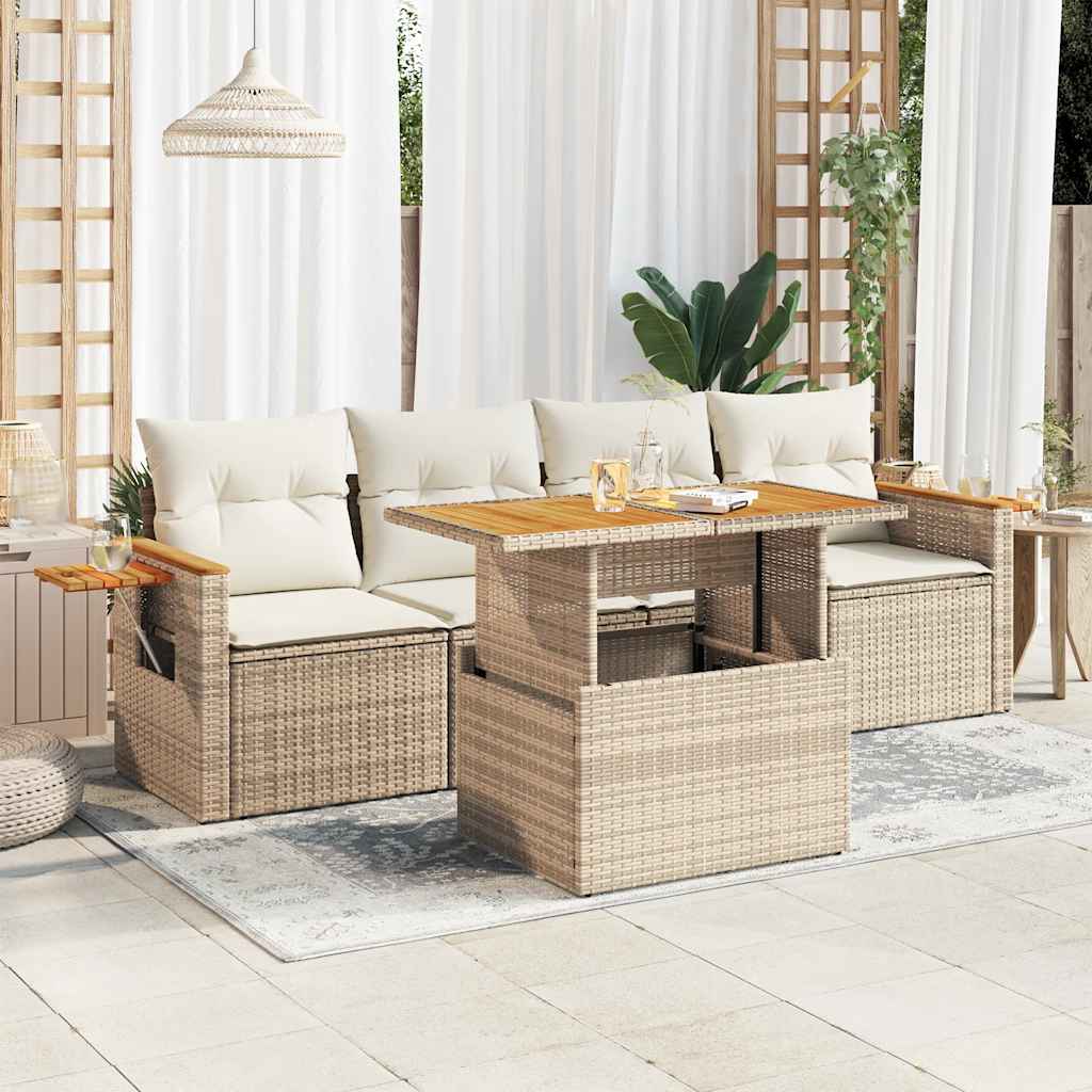 5 Piece Garden Sofa Set with Cushions Beige Poly Rattan Acacia