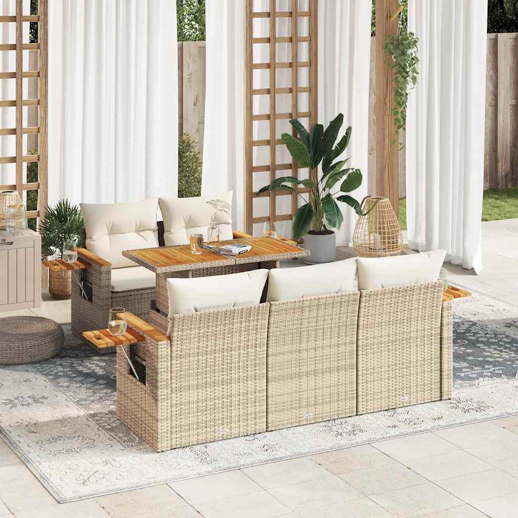 6 Piece Garden Sofa Set with Cushions Beige Poly Rattan Acacia