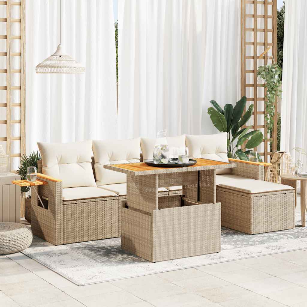 6 Piece Garden Sofa Set with Cushions Beige Poly Rattan Acacia