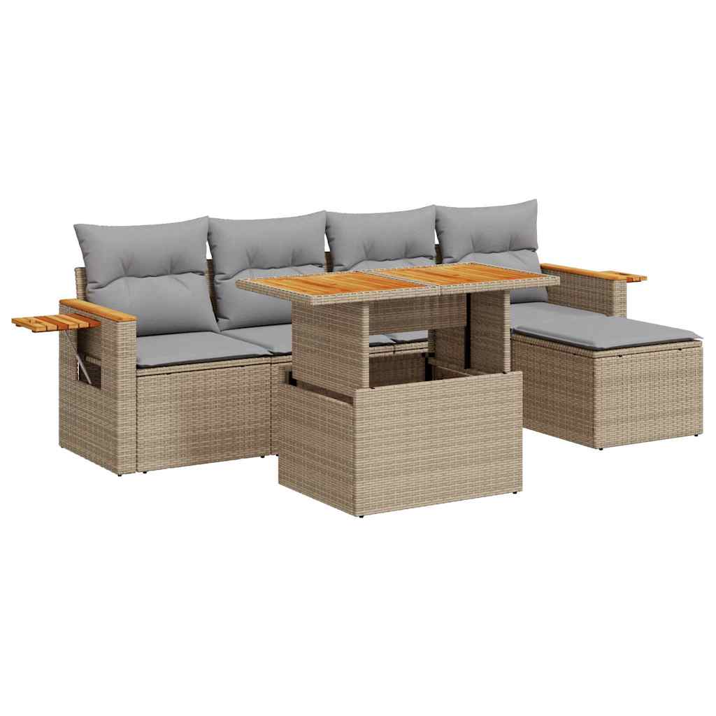 6 Piece Garden Sofa Set with Cushions Beige Poly Rattan Acacia