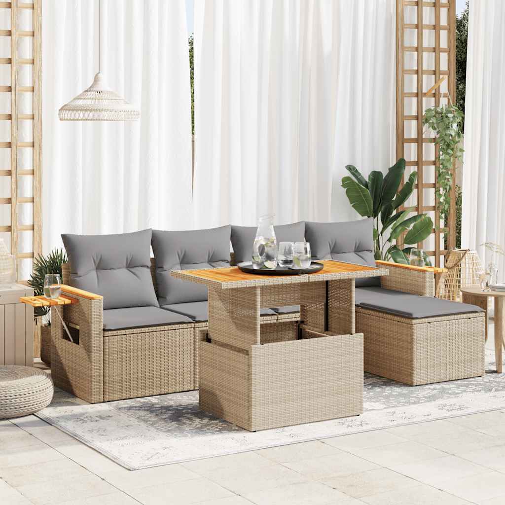 6 Piece Garden Sofa Set with Cushions Beige Poly Rattan Acacia