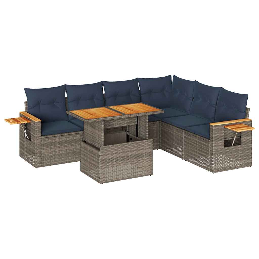 7 Piece Garden Sofa Set with Cushions Grey Poly Rattan Acacia