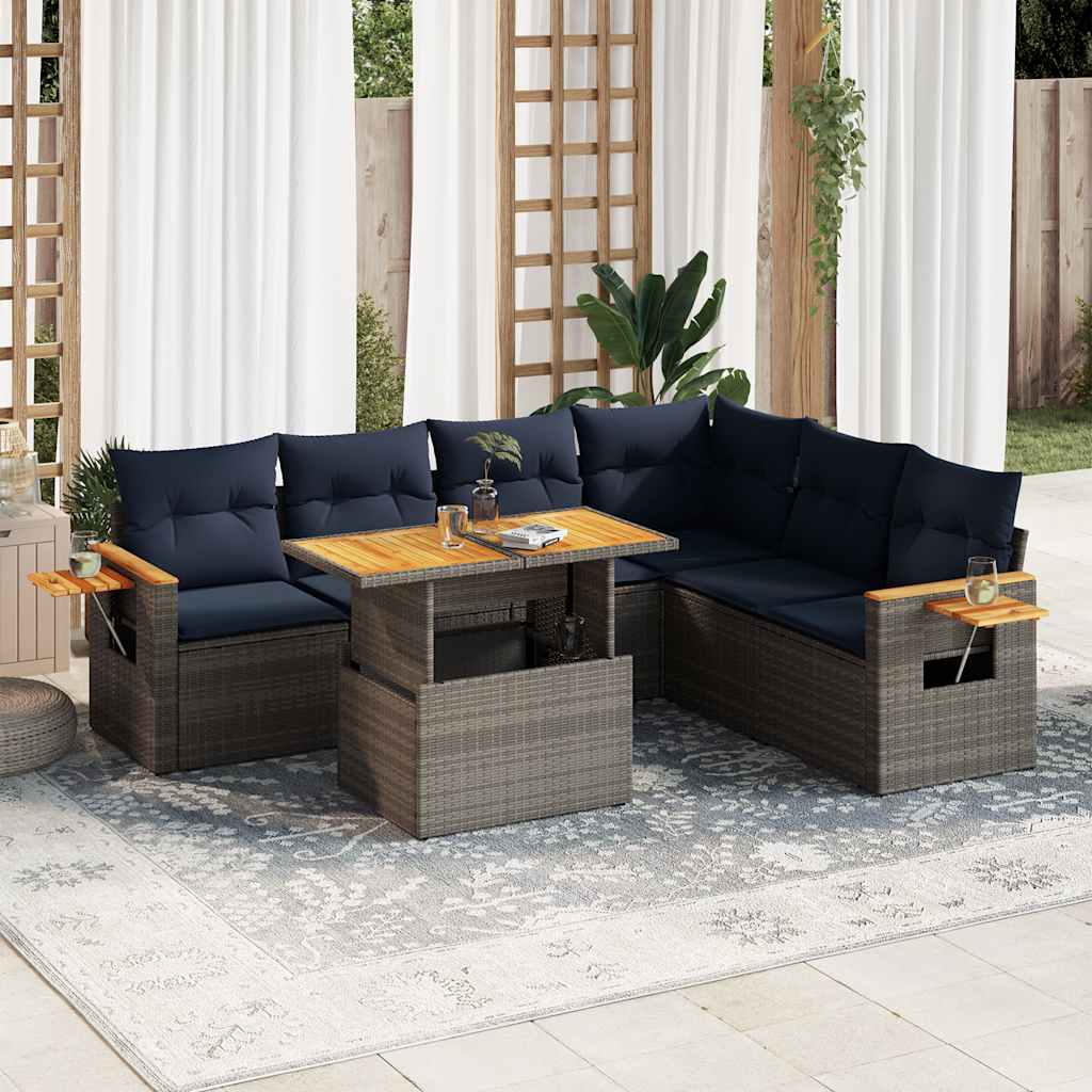 7 Piece Garden Sofa Set with Cushions Grey Poly Rattan Acacia