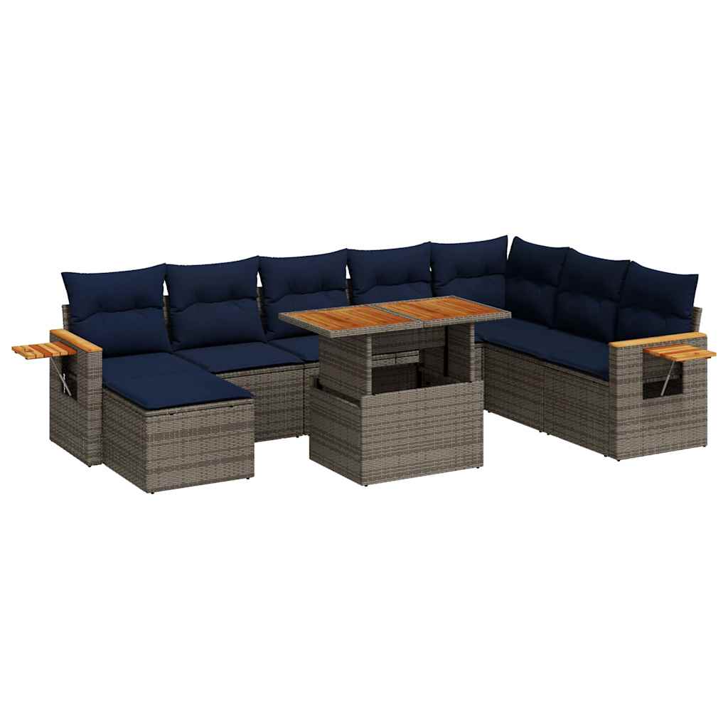 10 Piece Garden Sofa Set with Cushions Grey Poly Rattan Acacia