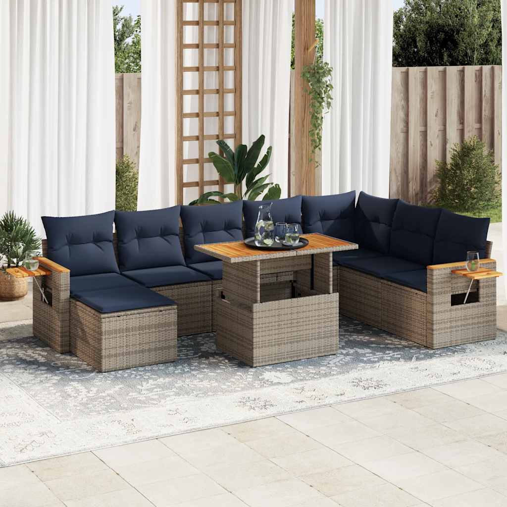 10 Piece Garden Sofa Set with Cushions Grey Poly Rattan Acacia