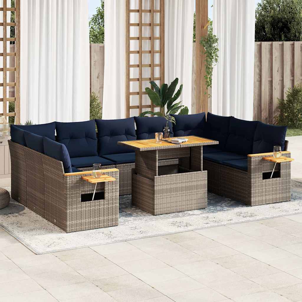 10 Piece Garden Sofa Set with Cushions Grey Poly Rattan Acacia