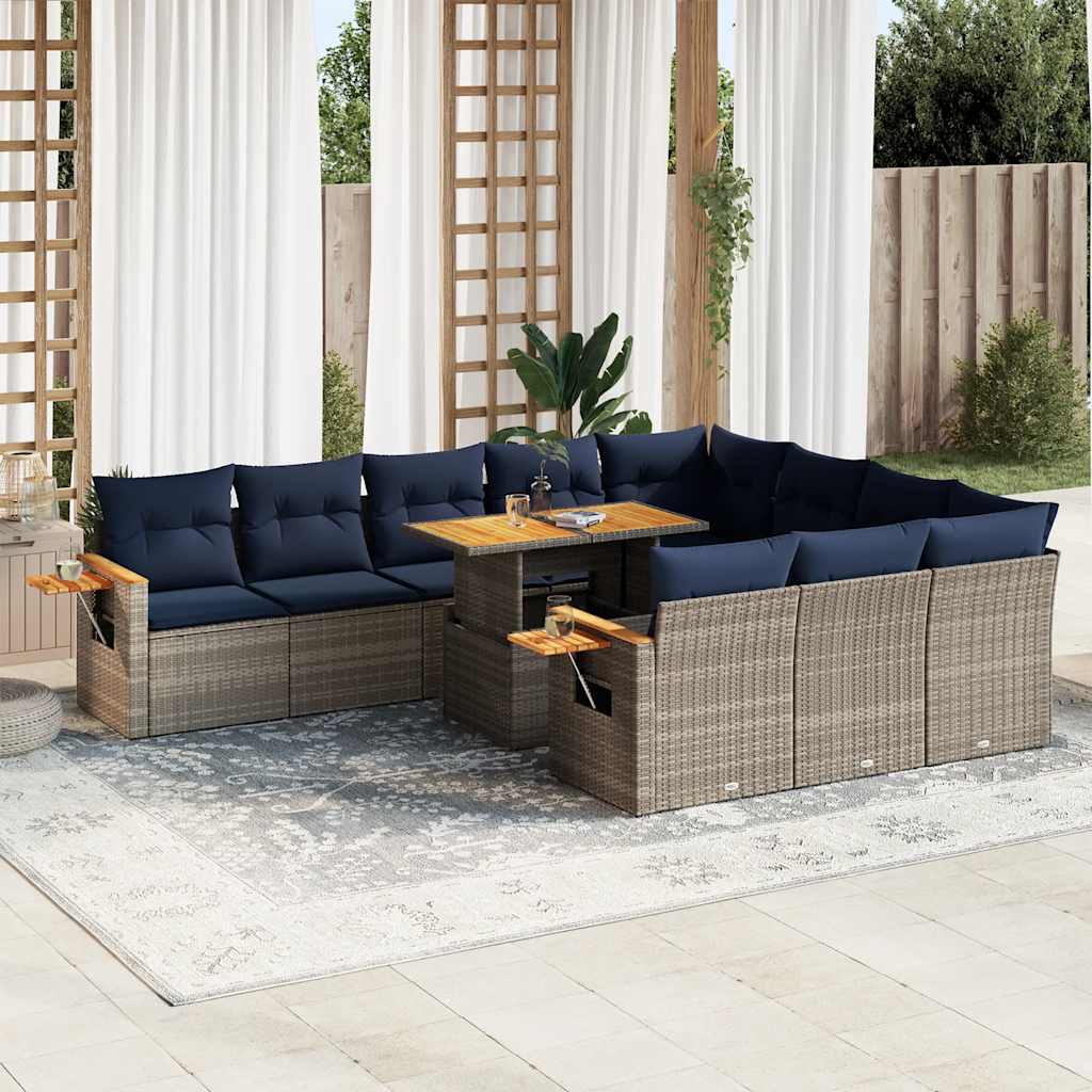 11 Piece Garden Sofa Set with Cushions Grey Poly Rattan Acacia