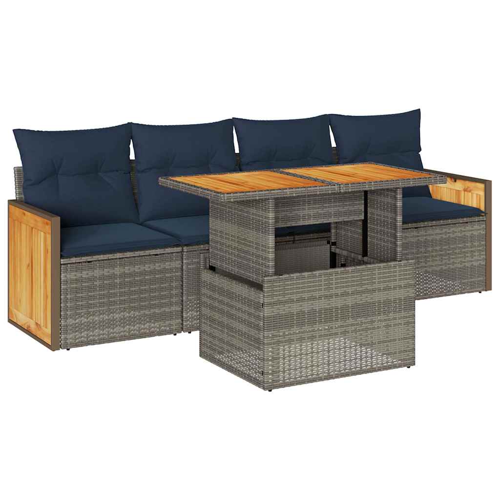 5 Piece Garden Sofa Set with Cushions Grey Poly Rattan Acacia