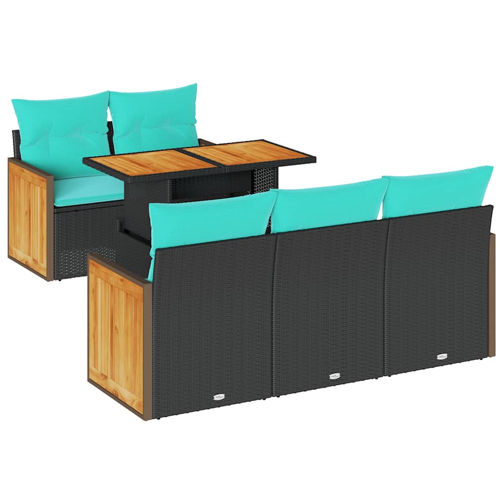 6 Piece Garden Sofa Set with Cushions Black Poly Rattan Acacia