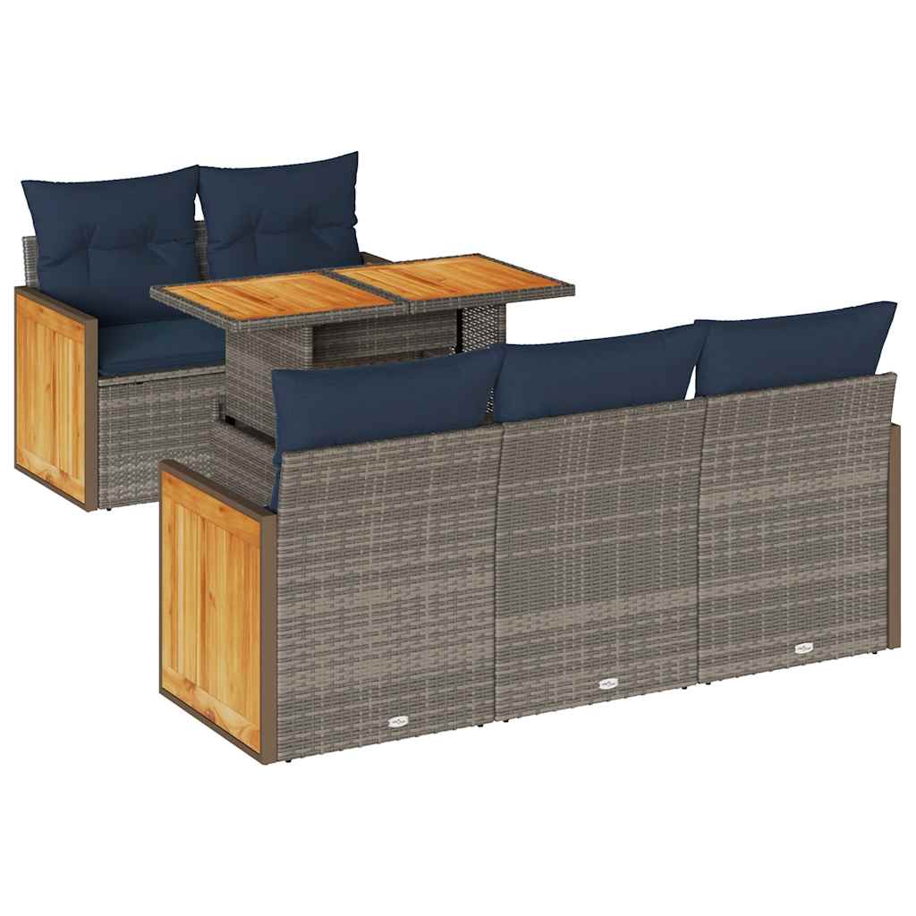 6 Piece Garden Sofa Set with Cushions Grey Poly Rattan Acacia