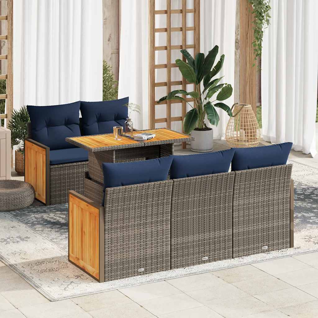 6 Piece Garden Sofa Set with Cushions Grey Poly Rattan Acacia