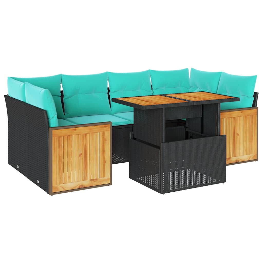 7 Piece Garden Sofa Set with Cushions Black Poly Rattan Acacia